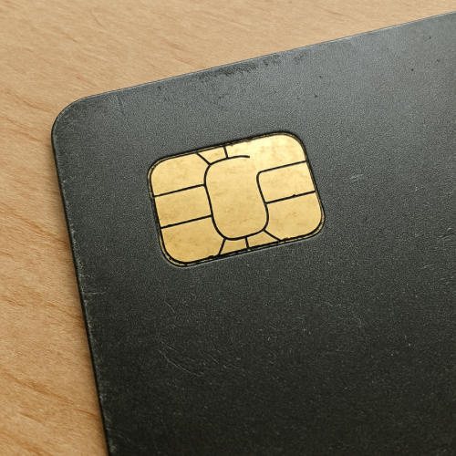 Close-up of a credit card chip on a card