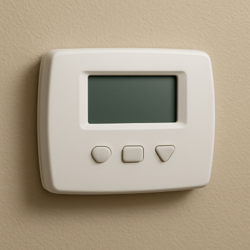 Wall-mounted thermostat on an interior wall
