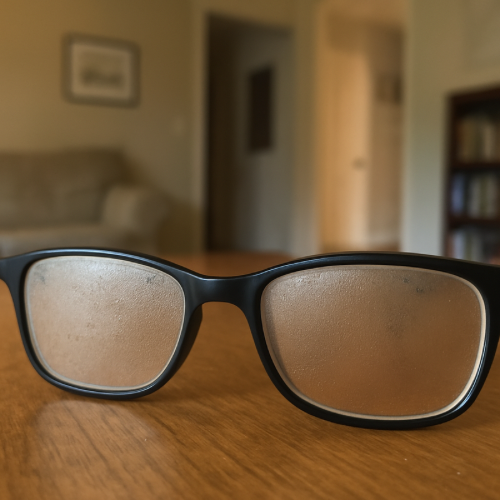 Eyeglasses with fogged lenses indoors
