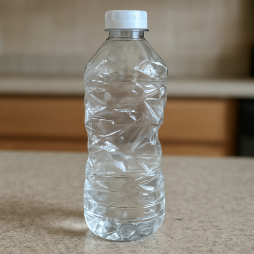 Clear plastic bottle with dents after being squeezed