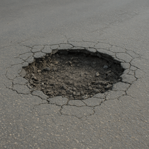 Pothole in an asphalt road with cracked edges