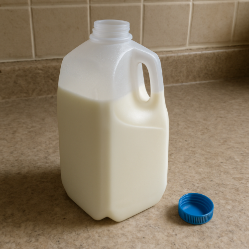 Open milk carton sitting on a kitchen counter