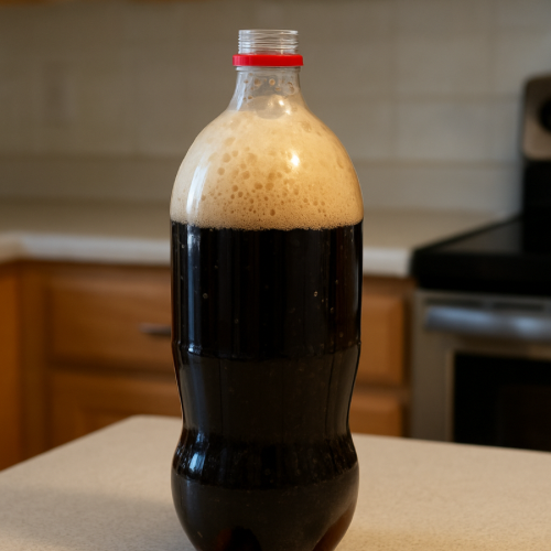 Soda bottle with foam rising after being opened