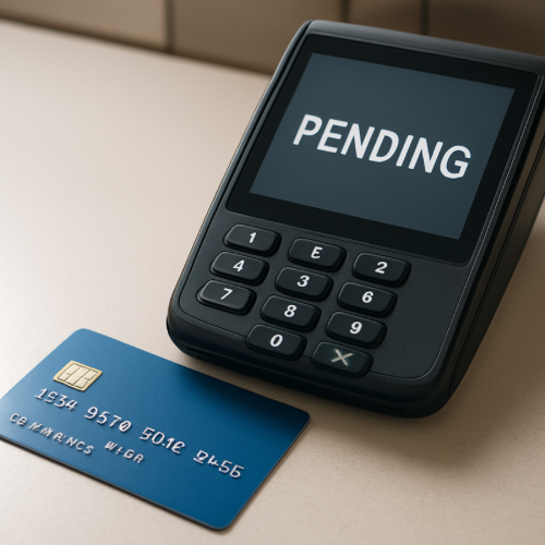 Credit card next to receipt showing pending charge