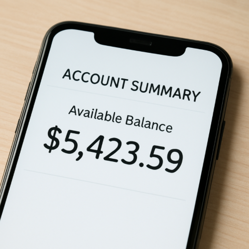 Bank account screen showing available balance