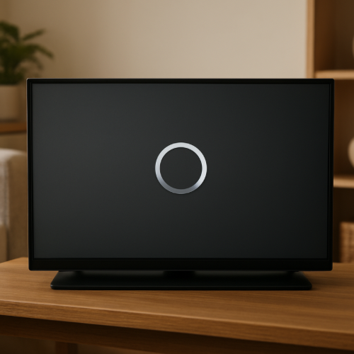 Video screen paused with a loading circle indicating buffering