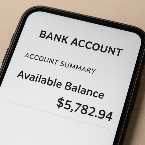 Bank account screen showing available balance