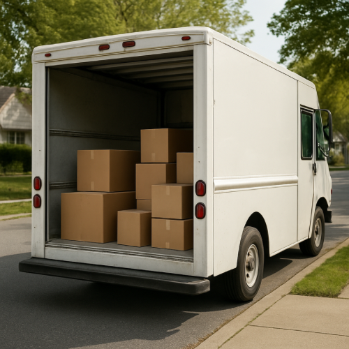 Delivery truck parked on a residential street