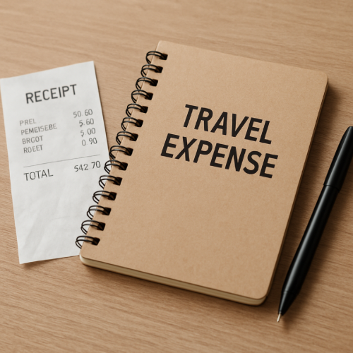 Travel expense notebook and receipts on a desk