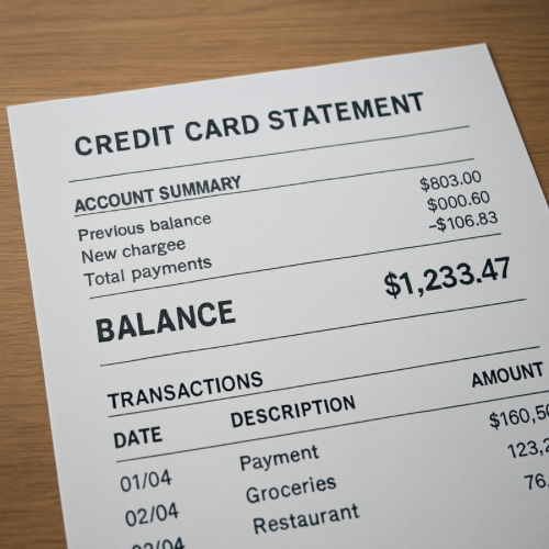 Credit card statement showing balance amount