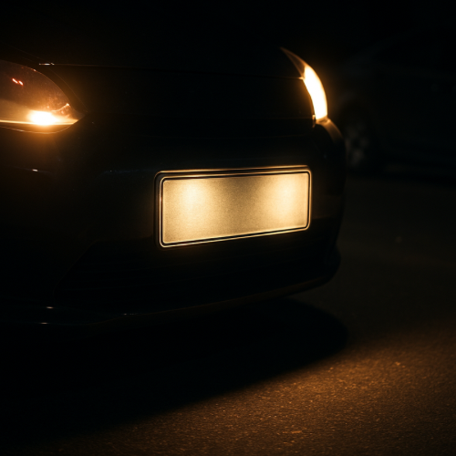 License plate reflecting headlights at night