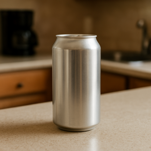 Plain aluminum beverage can on a kitchen counter in natural daylight