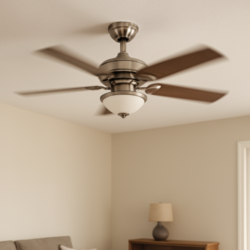 Photorealistic image of a ceiling fan in a room with motion blur showing spinning blades, normal indoor lighting, realistic shadows, ordinary home setting, no people, no text overlays, no staged props.