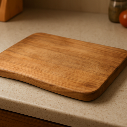Warped wooden cutting board on kitchen counter