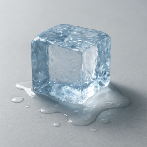 Close-up of an ice cube with melting edges on a flat surface