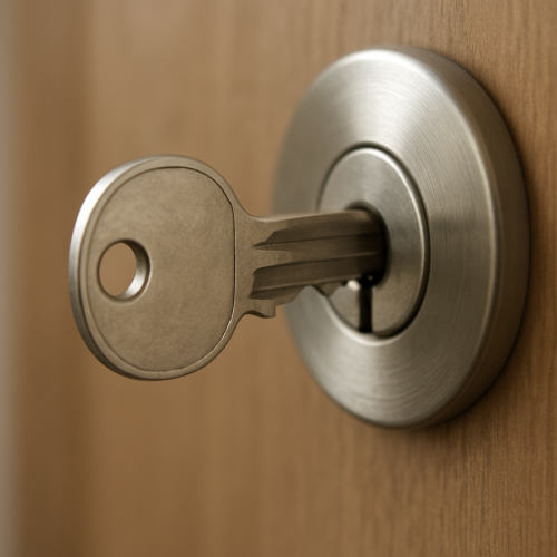 Metal key partially inserted into a door lock
