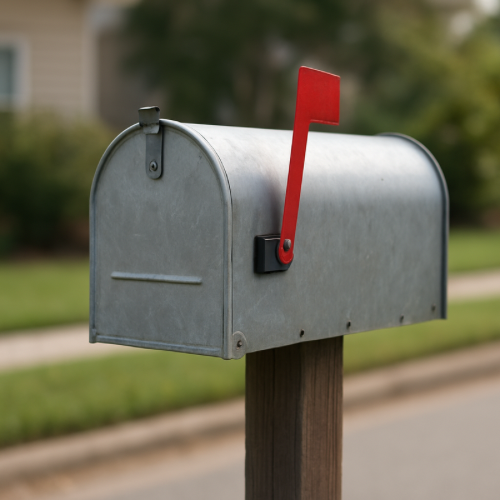 Roadside mailbox with red flag raised