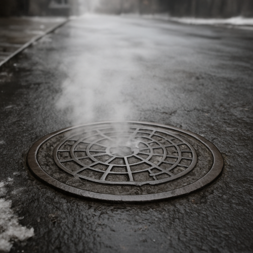Steam rising from a city manhole cover on a cold day