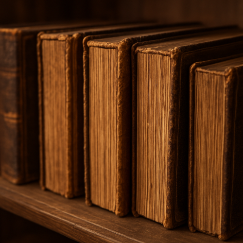 Old books with yellowed pages on a shelf