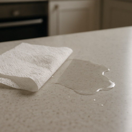 Paper towel soaking up water on a kitchen counter