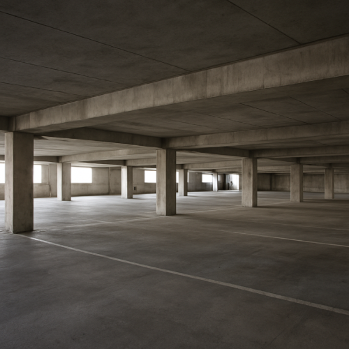 Empty concrete parking garage with pillars and low ceilings