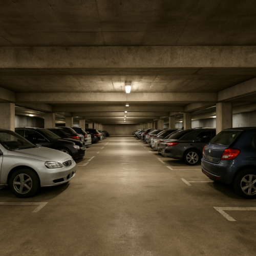 Interior of a parking garage with low concrete ceiling
