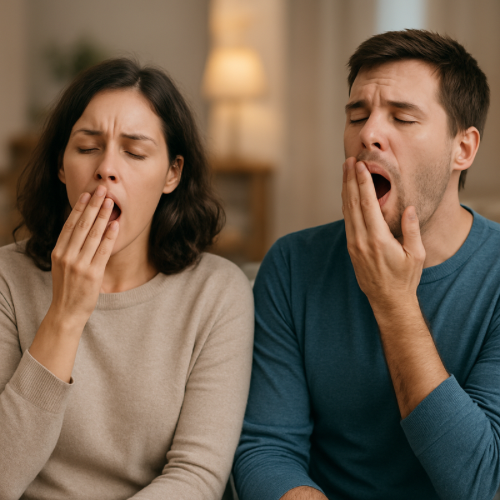 Two people yawning in response to each other