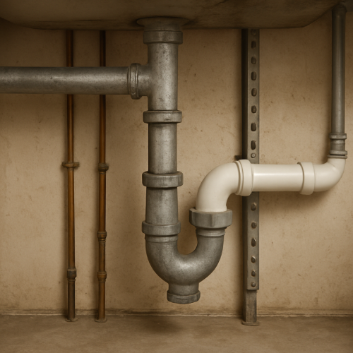 Exposed household plumbing pipes under a sink