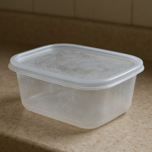 Cloudy plastic food container sitting on a kitchen counter