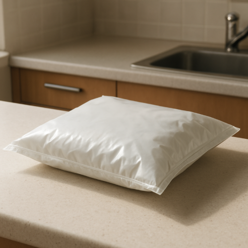 Slightly puffed sealed food package on a kitchen counter