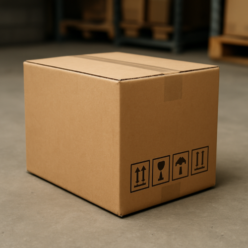 Cardboard shipping box with handling symbols printed on the side