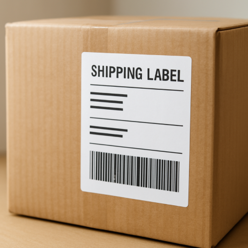Shipping label with barcode attached to a cardboard box