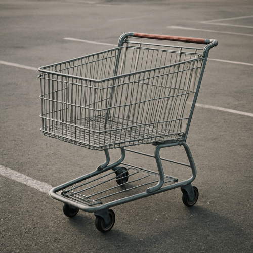 Shopping cart with a locked front wheel in a parking lot