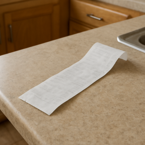 Paper receipt resting on a countertop