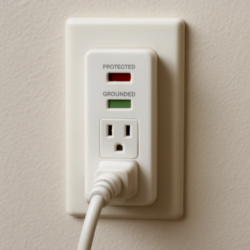 Surge protector with small indicator lights plugged into a wall outlet