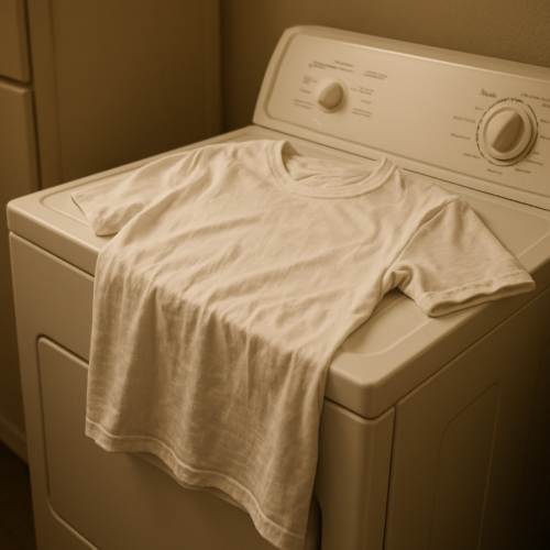 Cotton t-shirt resting on a household dryer
