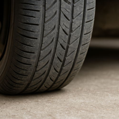 Car tire resting on a driveway with slightly low air pressure
