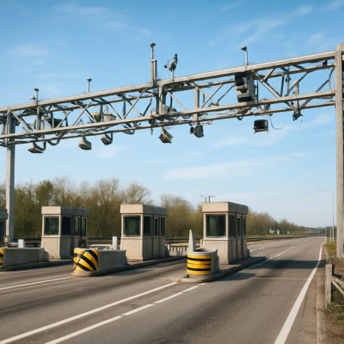 Highway toll booth with cameras mounted above the lane