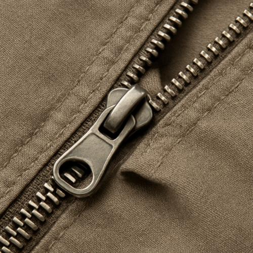 Close-up of a zipper stuck with fabric caught between the teeth