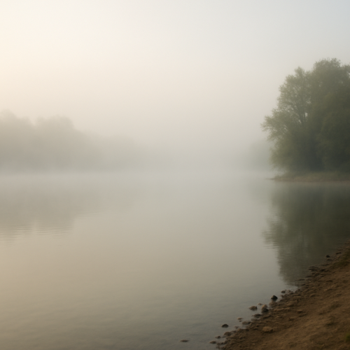 Light fog hovering above a calm lake in the early morning