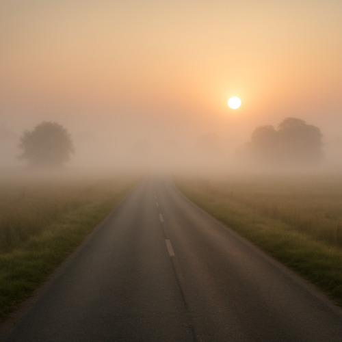 Morning fog over a road at sunrise