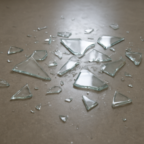 Broken glass pieces with sharp edges on a flat surface