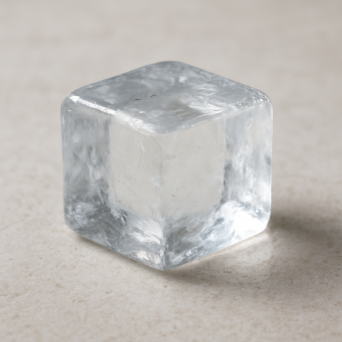 Ice cube appearing dry on a surface