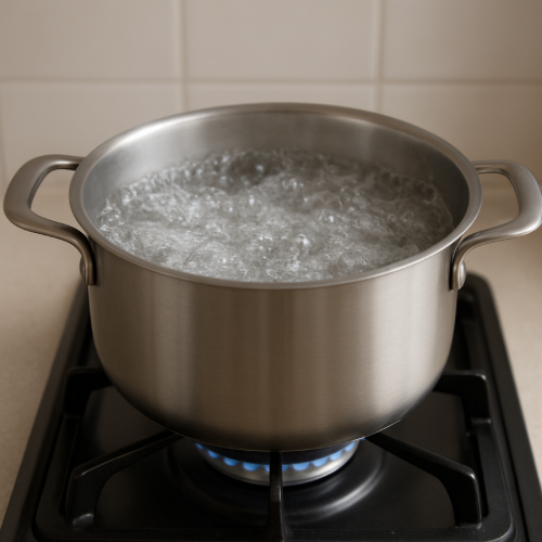 Water boiling in a pot showing bubbles forming at boiling point
