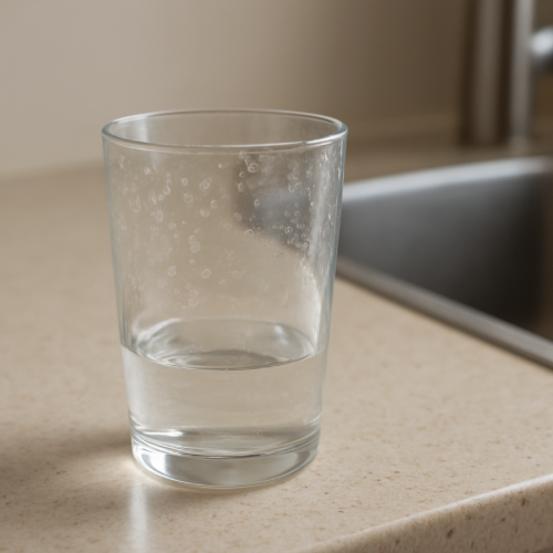 Drinking glass with dried water spots on a kitchen counter