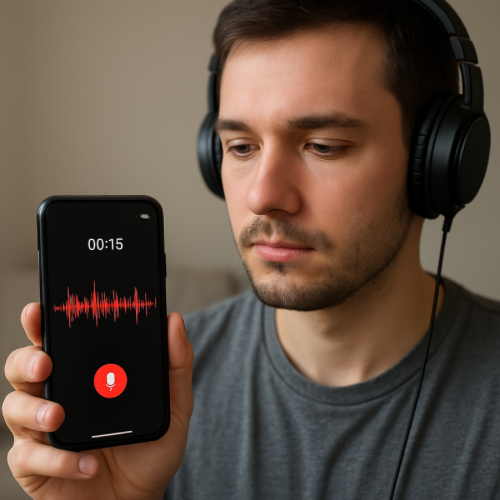 Person listening to their recorded voice on headphones