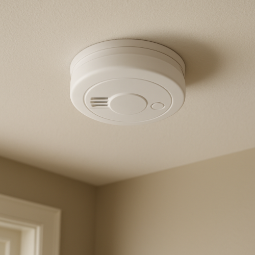 Smoke alarm mounted on a ceiling detecting smoke