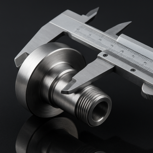 Close-up of machined metal part being measured with calipers