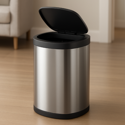 Push-to-open trash can with lid partially open