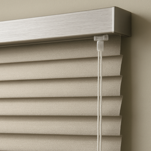 Close-up of window blinds showing the cord lock mechanism